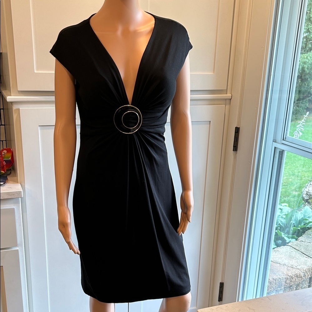 Cache Vintage‎ Y2K Black Mini Stretch Dress with Ring Accent Women’s Large